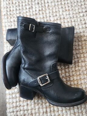 Frye Veronica Black Pebble Leather Harness Mid-Calf Boots